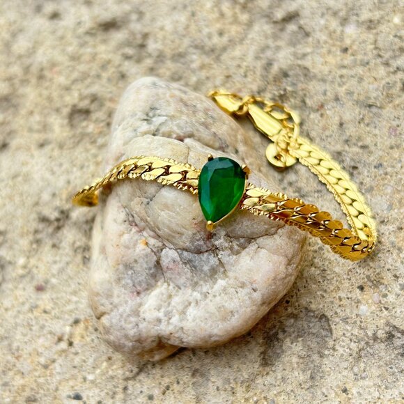 18K Gold Plated Green Crystal Necklace Bracelet Set - Picture 2 of 7